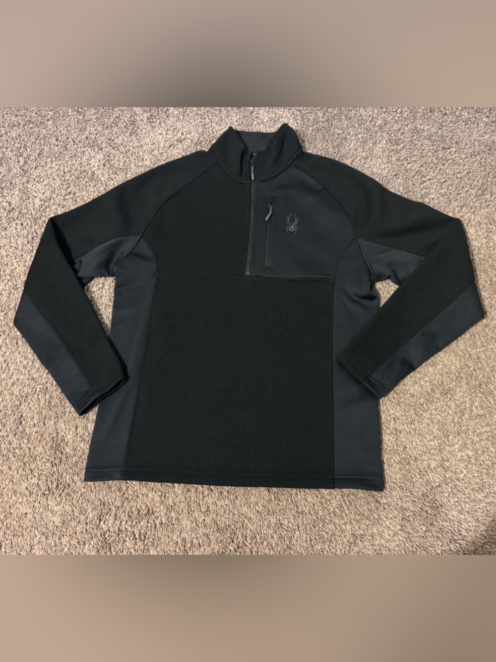 Spyder Core Sweater Men’s Large Black Waffle Knit Fleece 1/4 Zip Pullover